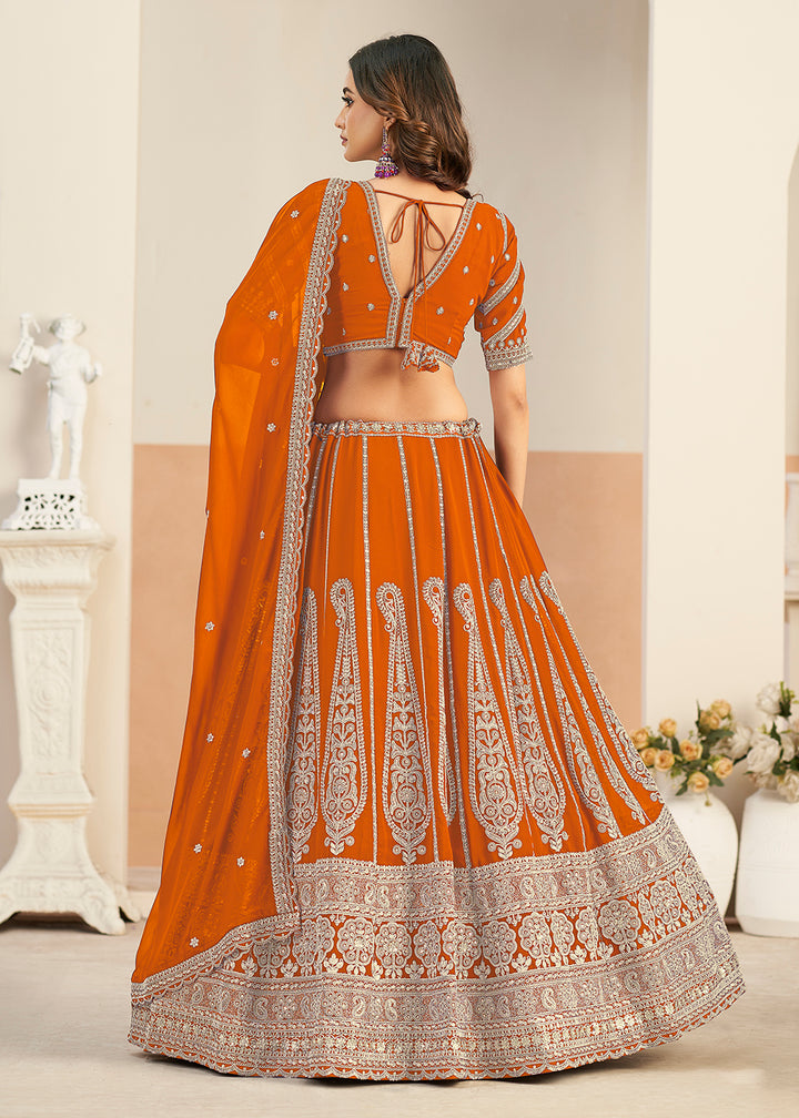 Buy Now Orange Faux Georgette Embroidery Lehenga Choli Online in US, UK, France, Swiss, Netherlands, Germany, Italy, Canada, Australia & Worldwide at Empress.
