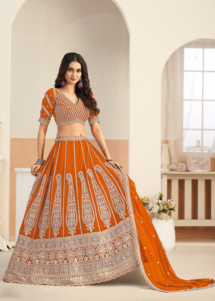 Buy Now Orange Faux Georgette Embroidery Lehenga Choli Online in US, UK, France, Swiss, Netherlands, Germany, Italy, Canada, Australia & Worldwide at Empress.