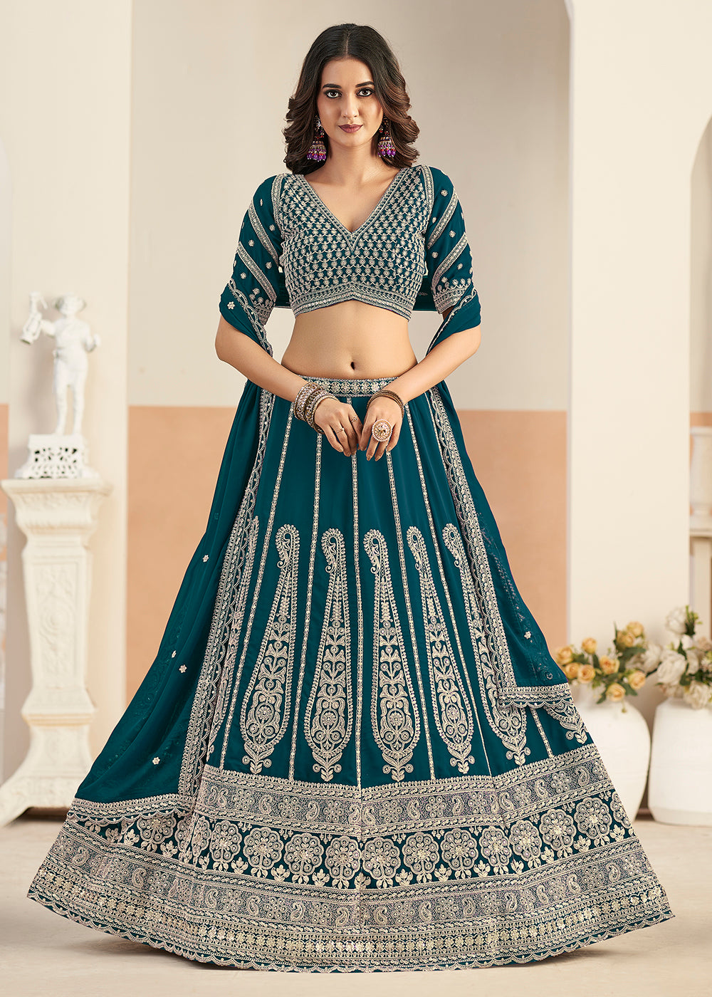 Buy Now Teal Faux Georgette Embroidery Lehenga Choli Online in US, UK, France, Swiss, Netherlands, Germany, Italy, Canada, Australia & Worldwide at Empress.