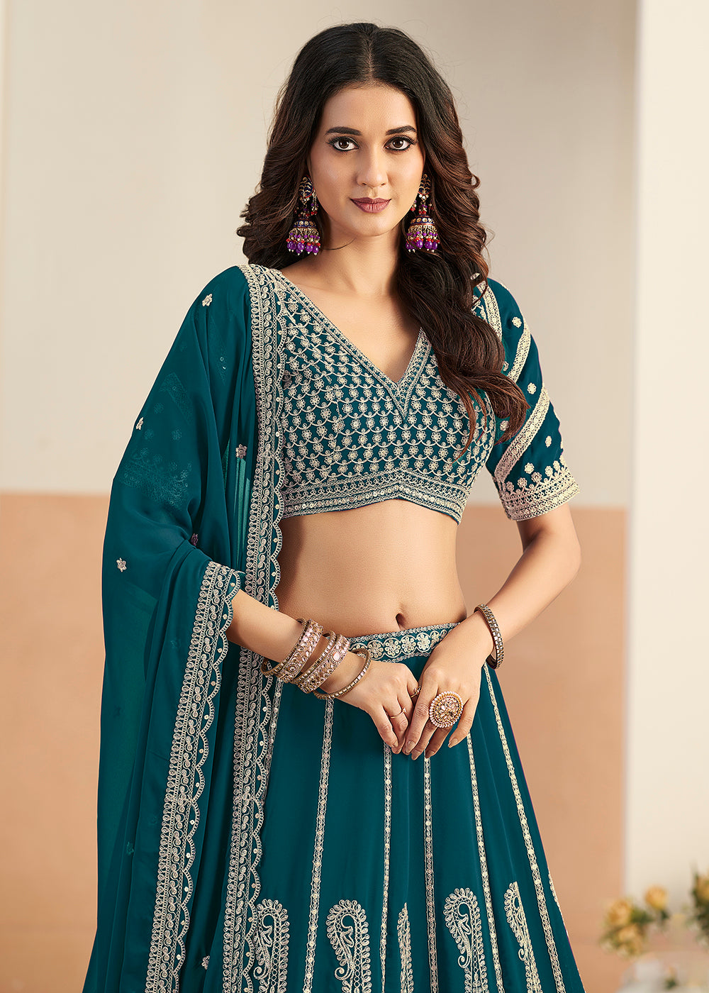 Buy Now Teal Faux Georgette Embroidery Lehenga Choli Online in US, UK, France, Swiss, Netherlands, Germany, Italy, Canada, Australia & Worldwide at Empress.