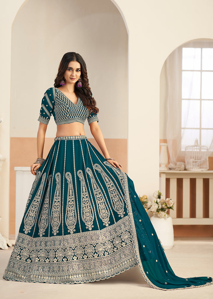 Buy Now Teal Faux Georgette Embroidery Lehenga Choli Online in US, UK, France, Swiss, Netherlands, Germany, Italy, Canada, Australia & Worldwide at Empress.