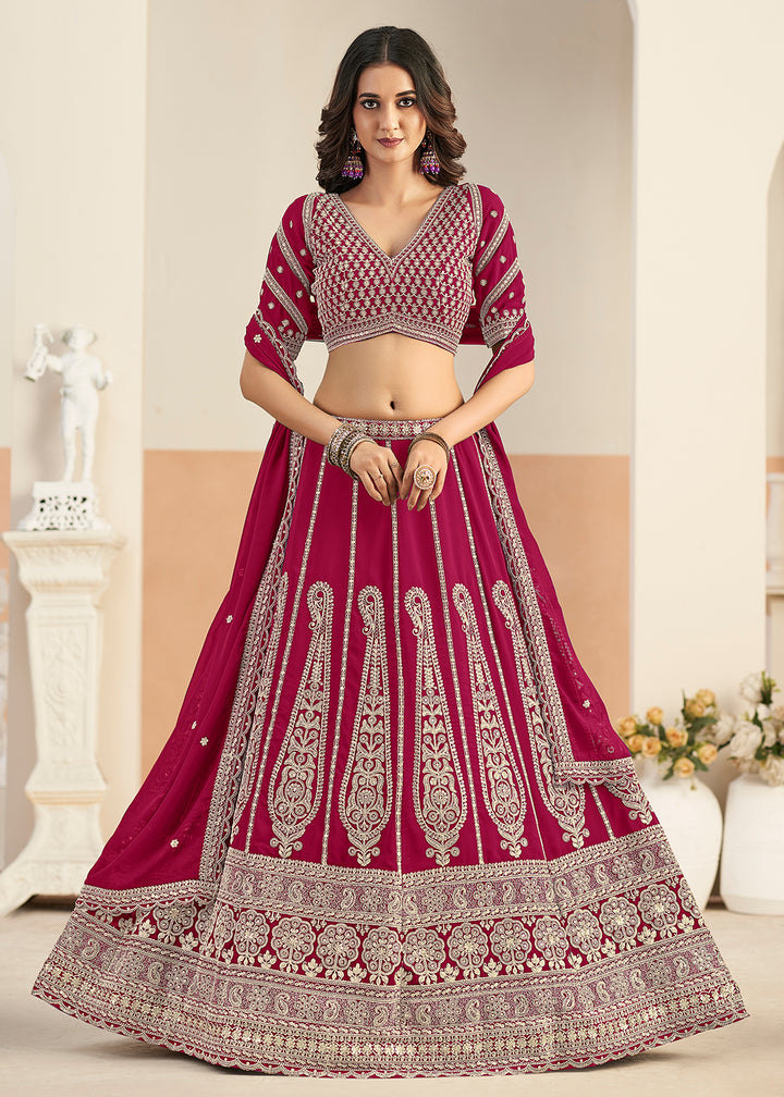 Buy Now Pink Faux Georgette Embroidery Lehenga Choli Online in US, UK, France, Swiss, Netherlands, Germany, Italy, Canada, Australia & Worldwide at Empress.