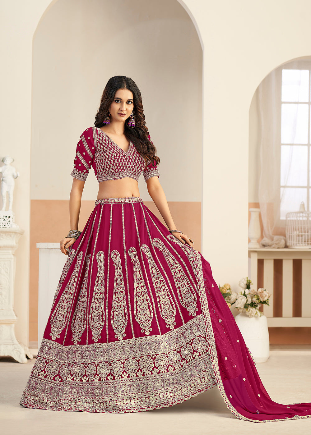 Buy Now Pink Faux Georgette Embroidery Lehenga Choli Online in US, UK, France, Swiss, Netherlands, Germany, Italy, Canada, Australia & Worldwide at Empress.