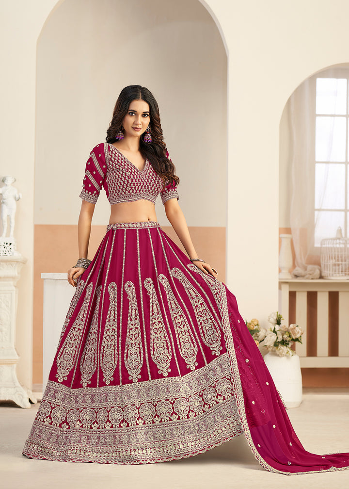 Buy Now Pink Faux Georgette Embroidery Lehenga Choli Online in US, UK, France, Swiss, Netherlands, Germany, Italy, Canada, Australia & Worldwide at Empress.