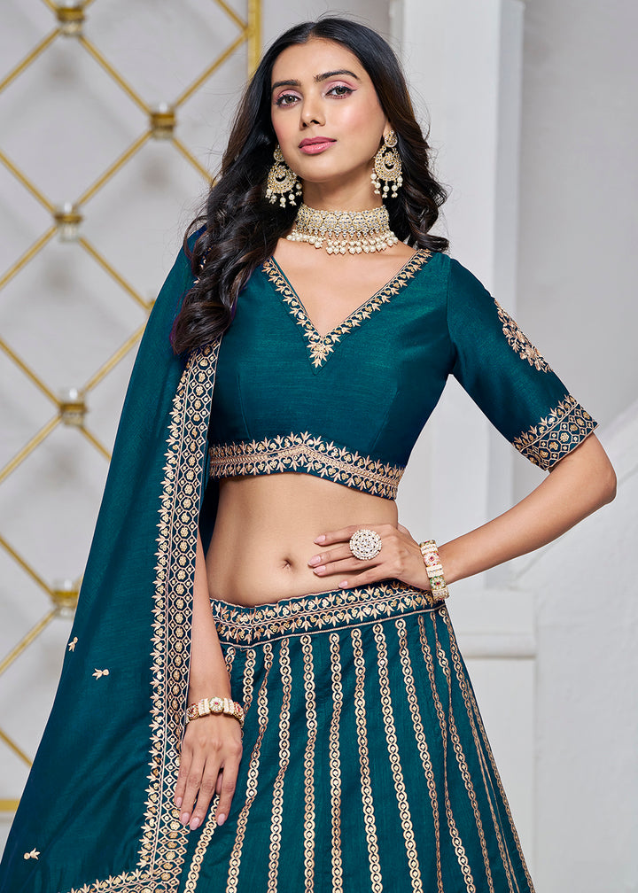 Buy Now Art Silk Teal Embroidered Festive Lehenga Choli Online in USA, UK, Canada, UAE & Worldwide at Empress Clothing. 