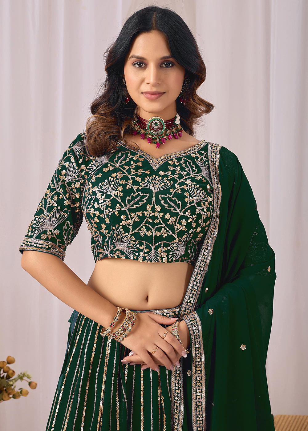 Buy Now Green Faux Georgette Designer Style Lehenga Choli Online in US, UK, Canada, France, Italy, Greece, Sweden, Netherlands, UAE & Worldwide at Empress.
