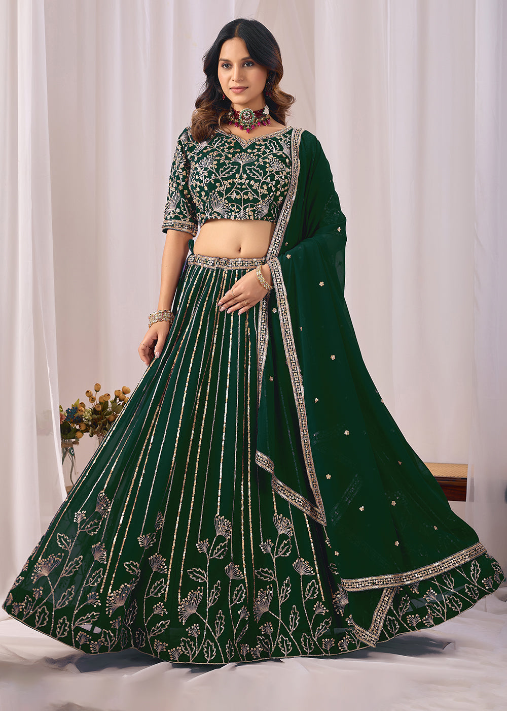 Buy Now Green Faux Georgette Designer Style Lehenga Choli Online in US, UK, Canada, France, Italy, Greece, Sweden, Netherlands, UAE &amp; Worldwide at Empress.