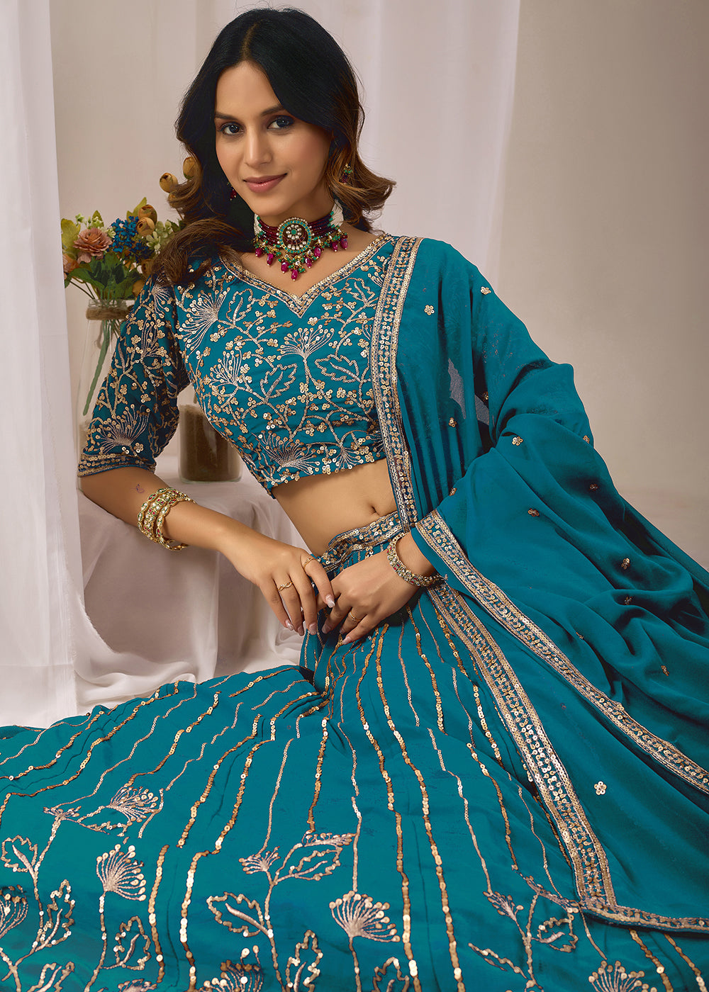 Buy Now Turquoise Faux Georgette Designer Style Lehenga Choli Online in US, UK, Canada, France, Italy, Greece, Sweden, Netherlands, UAE &amp; Worldwide at Empress.