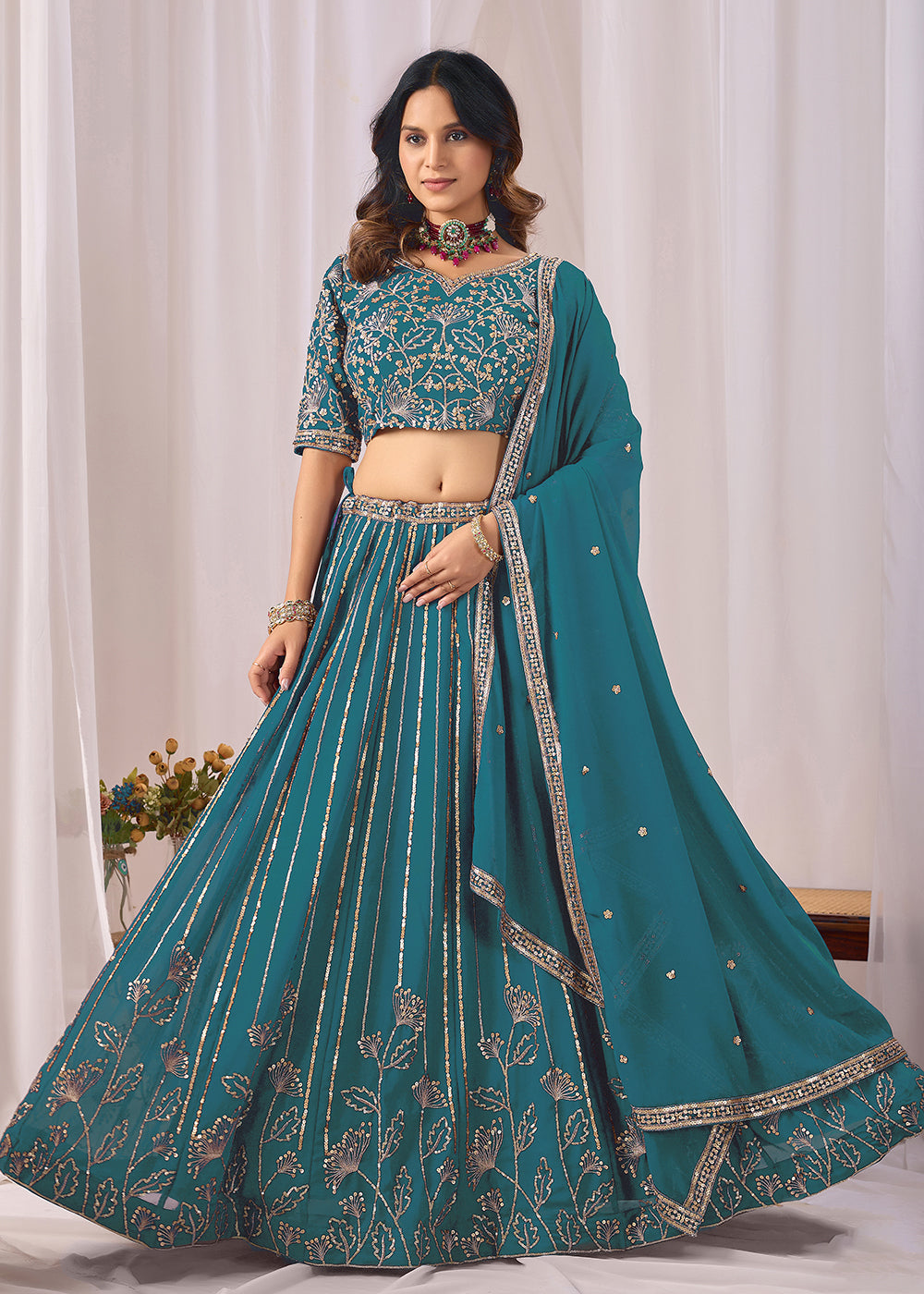 Buy Now Turquoise Faux Georgette Designer Style Lehenga Choli Online in US, UK, Canada, France, Italy, Greece, Sweden, Netherlands, UAE &amp; Worldwide at Empress.