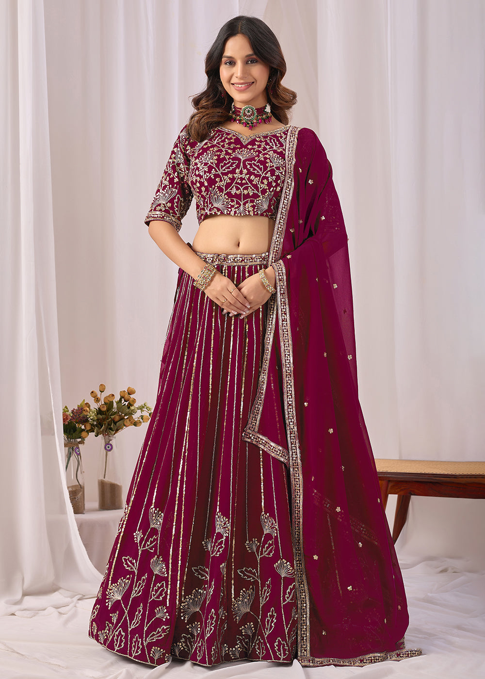 Buy Now Wine Faux Georgette Designer Style Lehenga Choli Online in US, UK, Canada, France, Italy, Greece, Sweden, Netherlands, UAE & Worldwide at Empress.