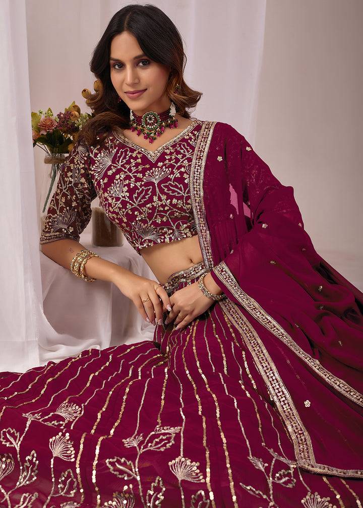 Buy Now Wine Faux Georgette Designer Style Lehenga Choli Online in US, UK, Canada, France, Italy, Greece, Sweden, Netherlands, UAE &amp; Worldwide at Empress.