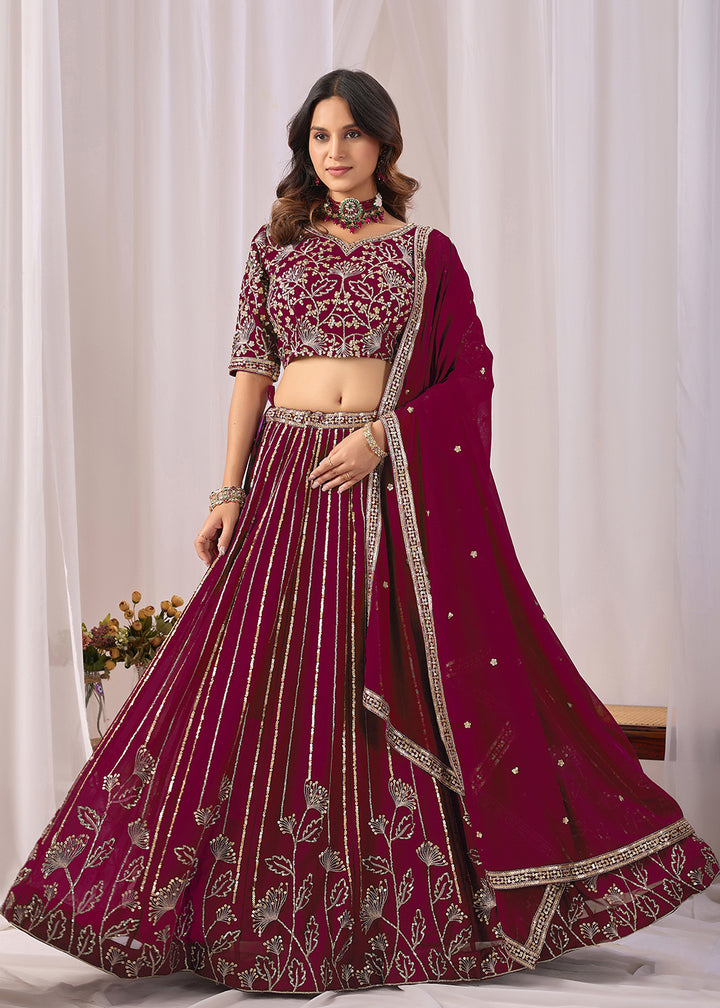 Buy Now Wine Faux Georgette Designer Style Lehenga Choli Online in US, UK, Canada, France, Italy, Greece, Sweden, Netherlands, UAE &amp; Worldwide at Empress.