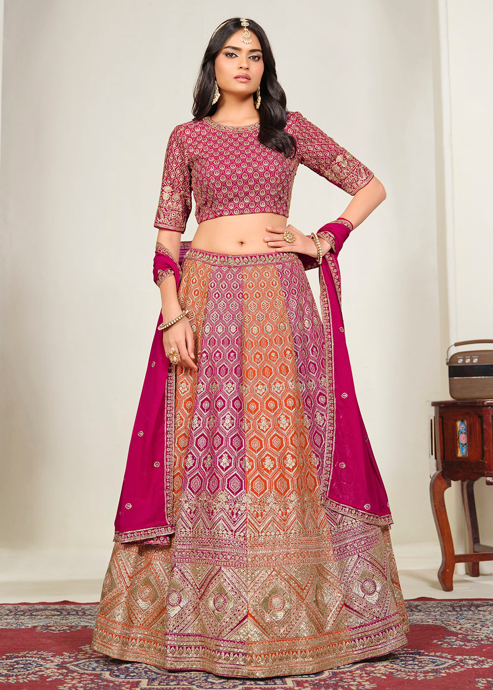 Buy Now Pink & Orange Multi Georgette Festive Lehenga Choli Online in US, UK, Canada, France, Italy, Germany, Sweden, UAE & Worldwide at Empress Clothing.