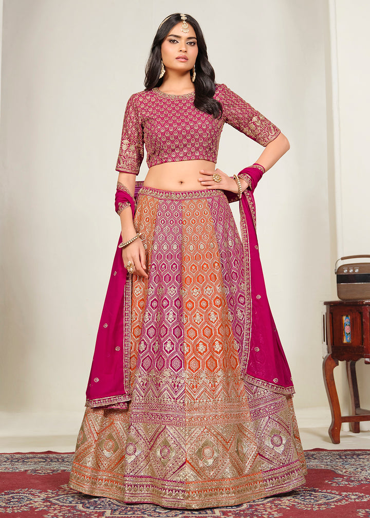 Buy Now Pink &amp; Orange Multi Georgette Festive Lehenga Choli Online in US, UK, Canada, France, Italy, Germany, Sweden, UAE &amp; Worldwide at Empress Clothing.