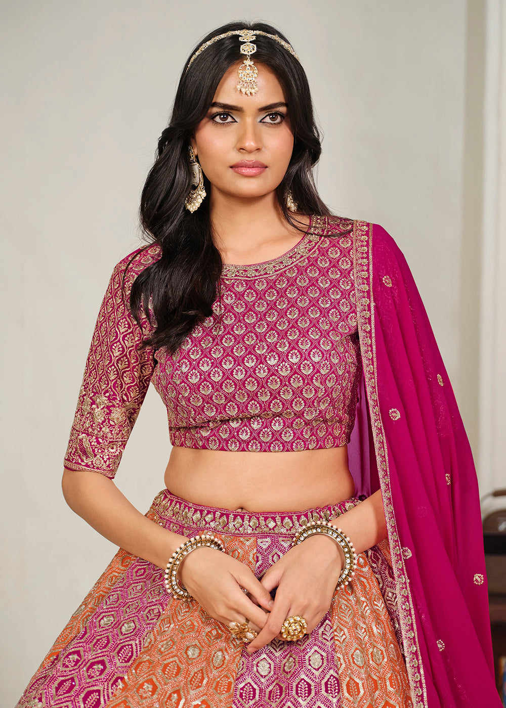 Buy Now Pink &amp; Orange Multi Georgette Festive Lehenga Choli Online in US, UK, Canada, France, Italy, Germany, Sweden, UAE &amp; Worldwide at Empress Clothing.