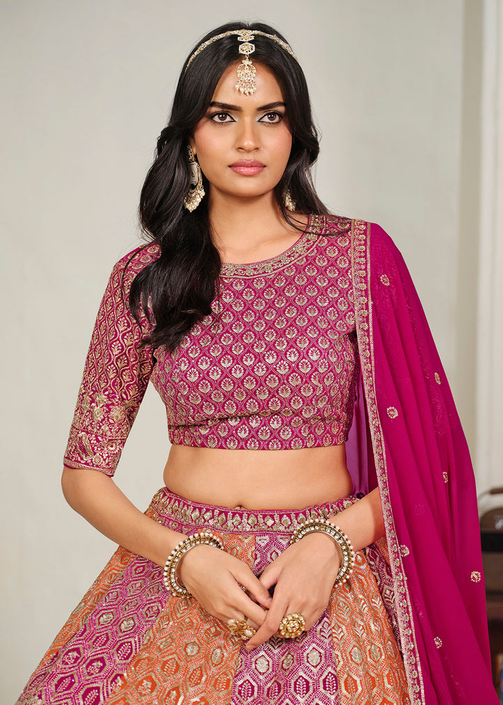 Buy Now Pink &amp; Orange Multi Georgette Festive Lehenga Choli Online in US, UK, Canada, France, Italy, Germany, Sweden, UAE &amp; Worldwide at Empress Clothing.