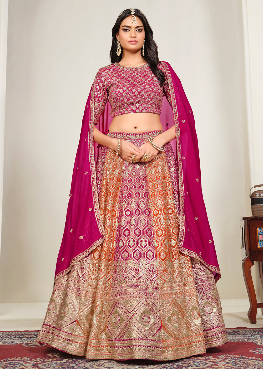Buy Now Pink &amp; Orange Multi Georgette Festive Lehenga Choli Online in US, UK, Canada, France, Italy, Germany, Sweden, UAE &amp; Worldwide at Empress Clothing.