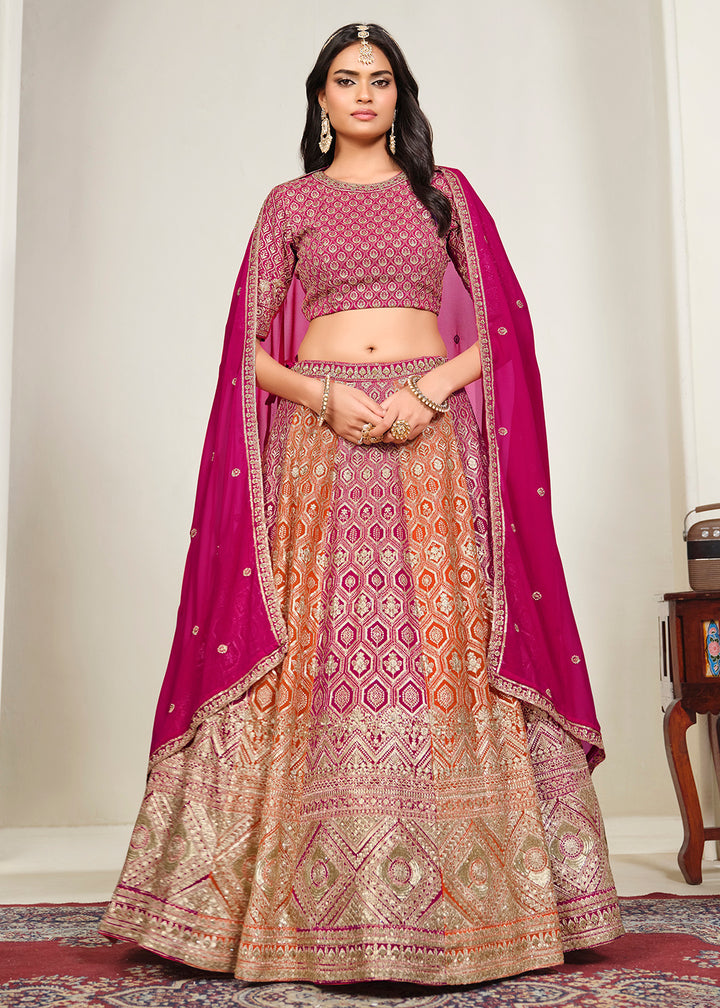 Buy Now Pink &amp; Orange Multi Georgette Festive Lehenga Choli Online in US, UK, Canada, France, Italy, Germany, Sweden, UAE &amp; Worldwide at Empress Clothing.
