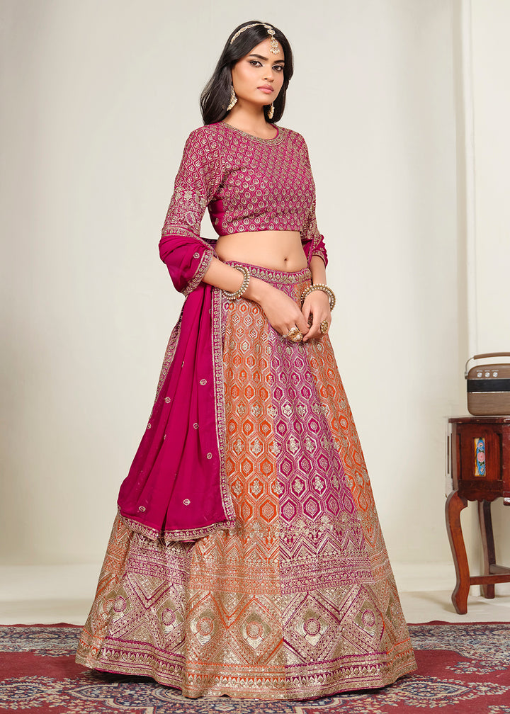 Buy Now Pink &amp; Orange Multi Georgette Festive Lehenga Choli Online in US, UK, Canada, France, Italy, Germany, Sweden, UAE &amp; Worldwide at Empress Clothing.