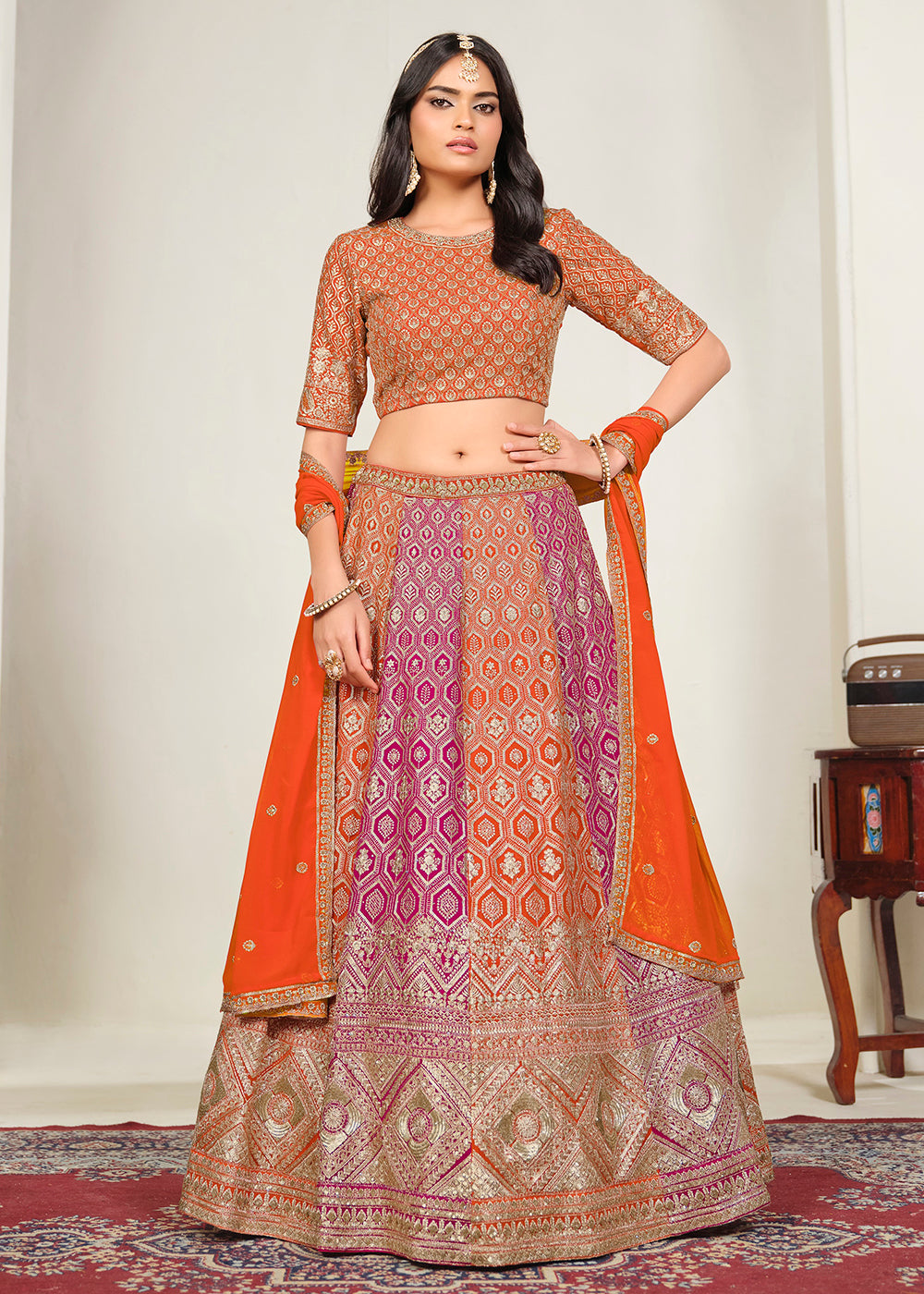 Buy Now Orange & Pink Multi Georgette Festive Lehenga Choli Online in US, UK, Canada, France, Italy, Germany, Sweden, UAE & Worldwide at Empress Clothing.