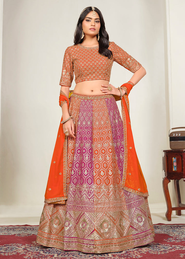 Buy Now Orange &amp; Pink Multi Georgette Festive Lehenga Choli Online in US, UK, Canada, France, Italy, Germany, Sweden, UAE &amp; Worldwide at Empress Clothing.