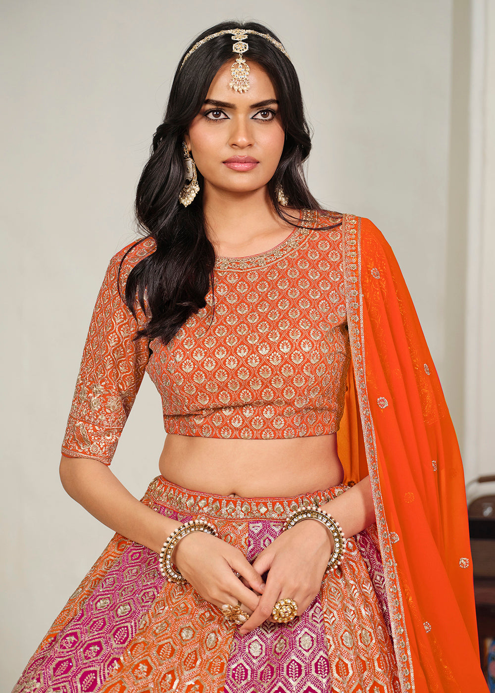 Buy Now Orange & Pink Multi Georgette Festive Lehenga Choli Online in US, UK, Canada, France, Italy, Germany, Sweden, UAE & Worldwide at Empress Clothing.