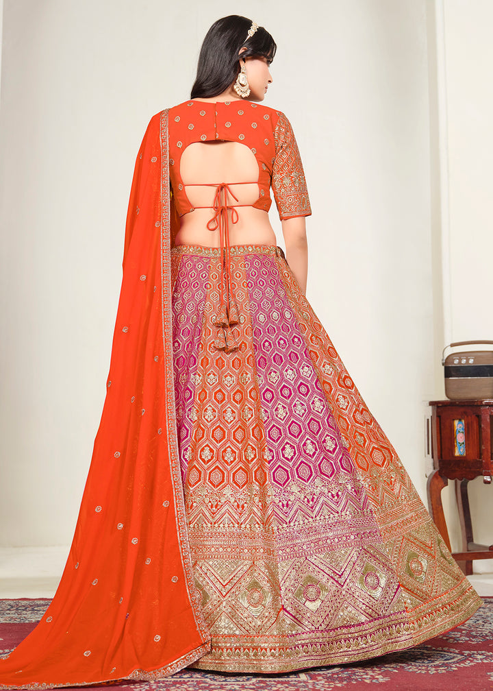 Buy Now Orange &amp; Pink Multi Georgette Festive Lehenga Choli Online in US, UK, Canada, France, Italy, Germany, Sweden, UAE &amp; Worldwide at Empress Clothing.