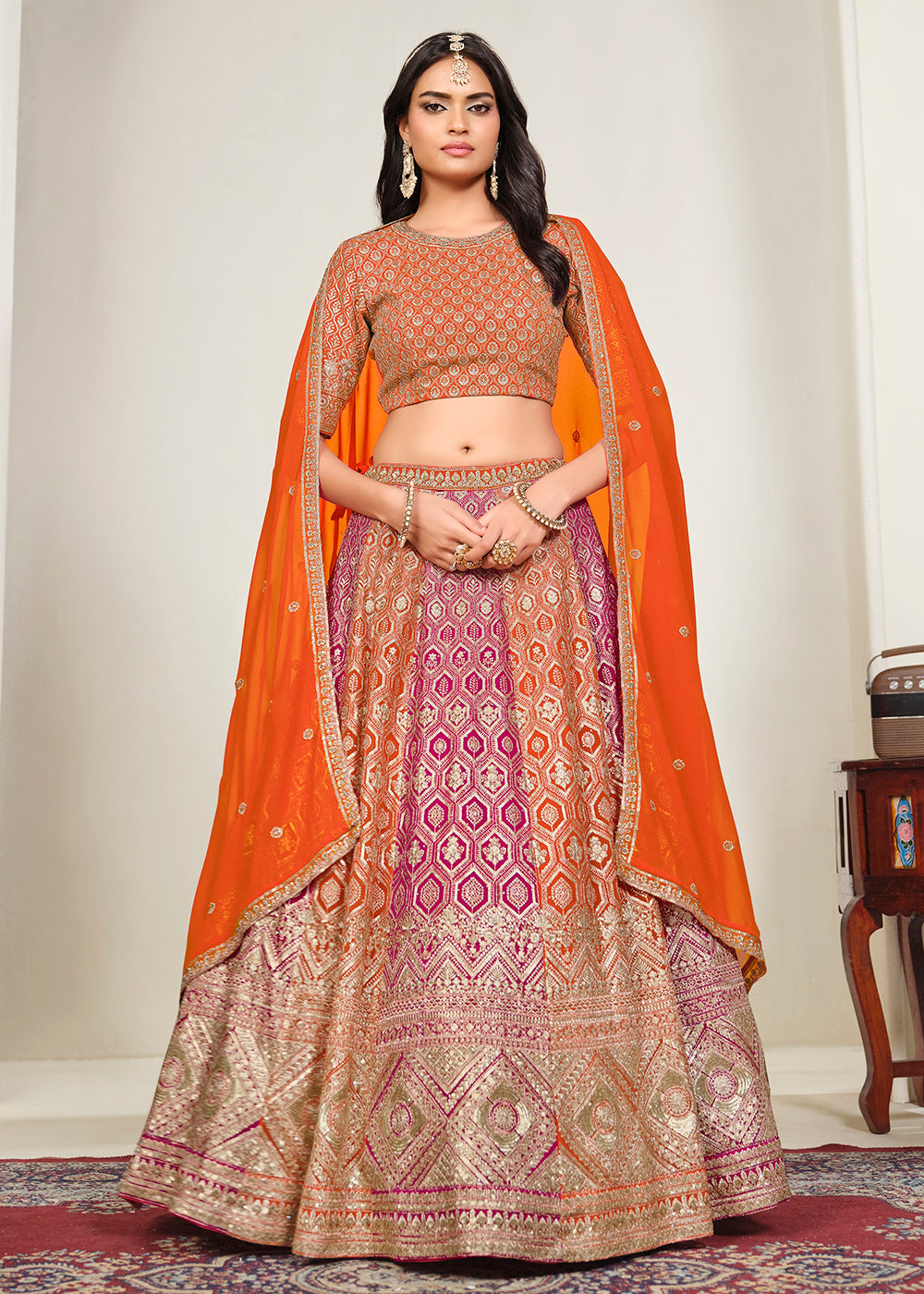 Buy Now Orange &amp; Pink Multi Georgette Festive Lehenga Choli Online in US, UK, Canada, France, Italy, Germany, Sweden, UAE &amp; Worldwide at Empress Clothing.
