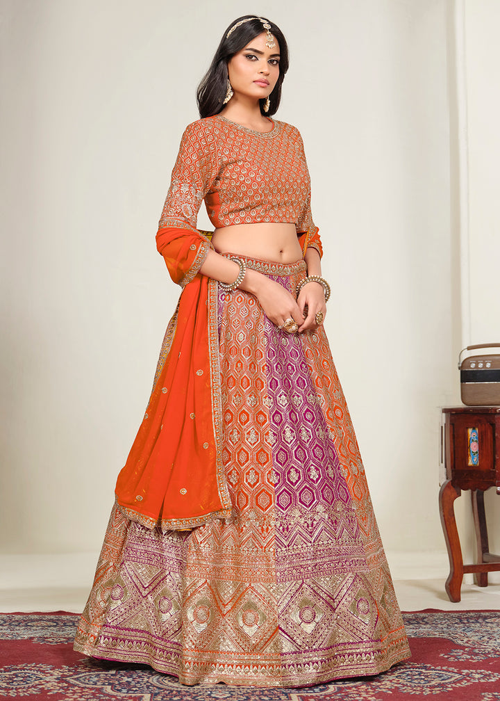 Buy Now Orange &amp; Pink Multi Georgette Festive Lehenga Choli Online in US, UK, Canada, France, Italy, Germany, Sweden, UAE &amp; Worldwide at Empress Clothing.