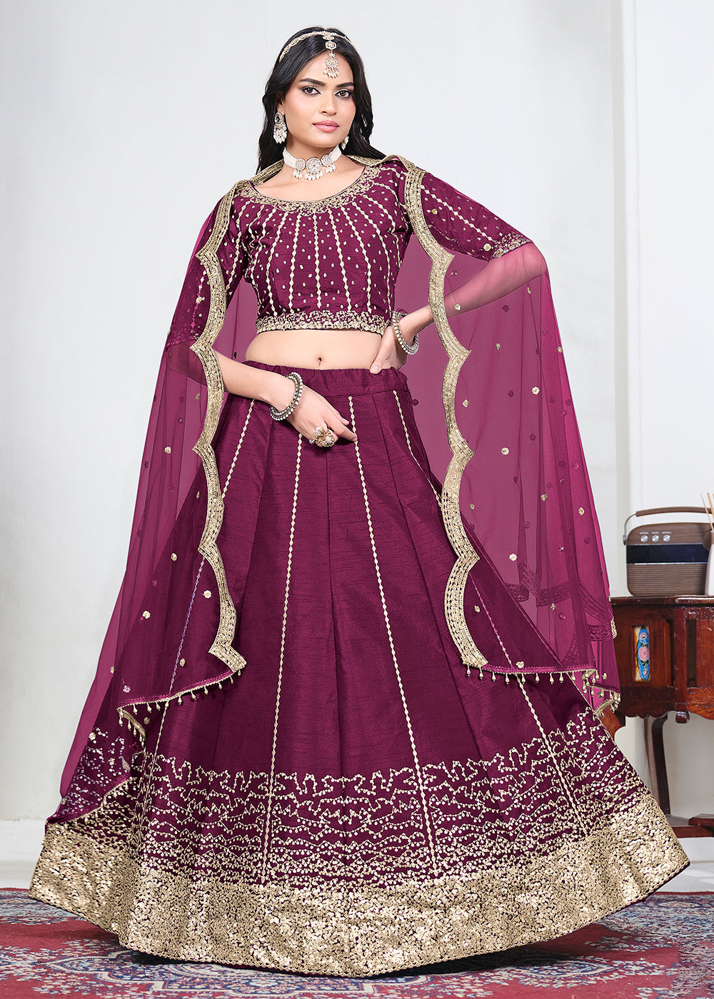 Buy Now Wine Art Silk Mirror Handwork Wedding Lehenga Choli Online in US, UK, Canada, France, Italy, Germany, Sweden, UAE, Switzerland &amp; Worldwide at Empress.