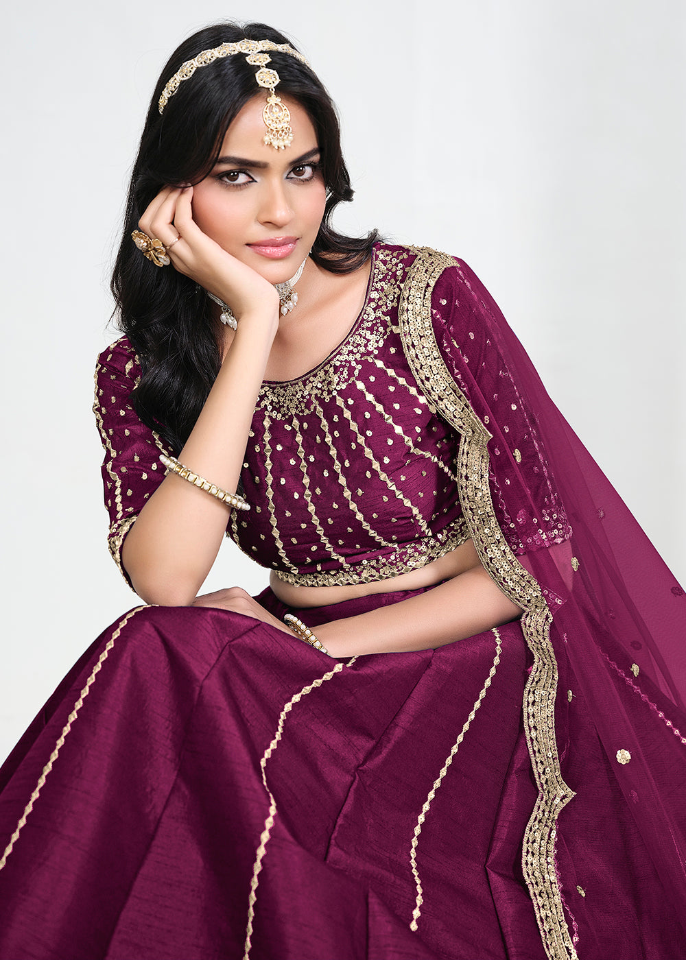 Buy Now Wine Art Silk Mirror Handwork Wedding Lehenga Choli Online in US, UK, Canada, France, Italy, Germany, Sweden, UAE, Switzerland &amp; Worldwide at Empress.