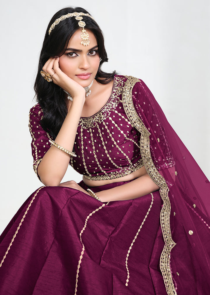Buy Now Wine Art Silk Mirror Handwork Wedding Lehenga Choli Online in US, UK, Canada, France, Italy, Germany, Sweden, UAE, Switzerland &amp; Worldwide at Empress.