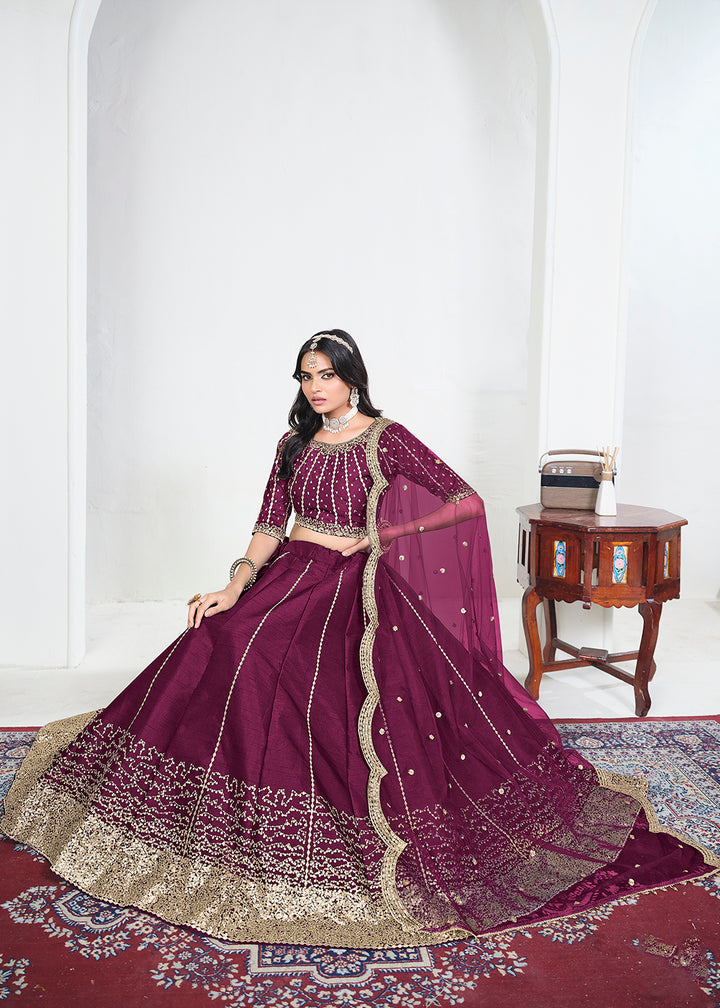 Buy Now Wine Art Silk Mirror Handwork Wedding Lehenga Choli Online in US, UK, Canada, France, Italy, Germany, Sweden, UAE, Switzerland &amp; Worldwide at Empress.