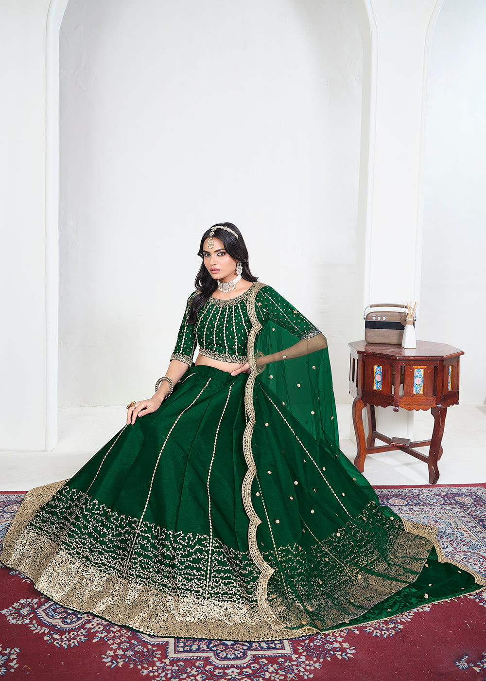 Buy Now Green Art Silk Mirror Handwork Wedding Lehenga Choli Online in US, UK, Canada, France, Italy, Germany, Sweden, UAE, Switzerland &amp; Worldwide at Empress.
