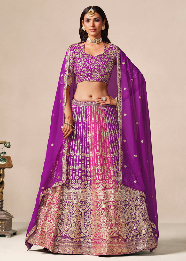 Buy Now Purple &amp; Pink Faux Georgette Wedding Festive Lehenga Choli Online in US, UK, Canada, France, Italy, Germany, Sweden, Denmark, UAE &amp; Worldwide at Empress