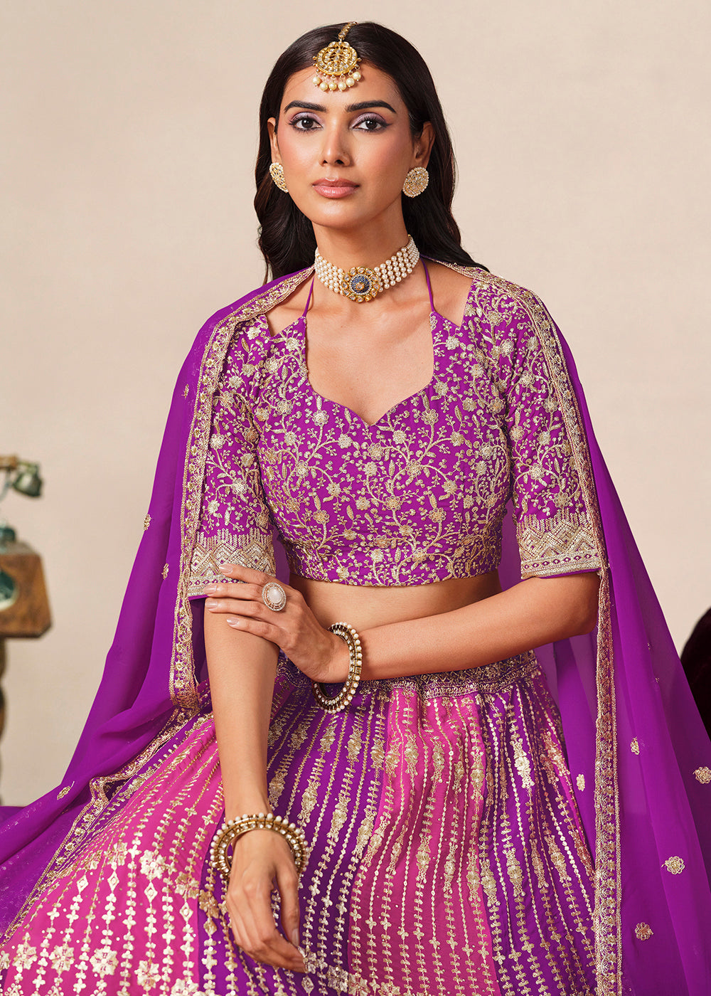 Buy Now Purple & Pink Faux Georgette Wedding Festive Lehenga Choli Online in US, UK, Canada, France, Italy, Germany, Sweden, Denmark, UAE & Worldwide at Empress