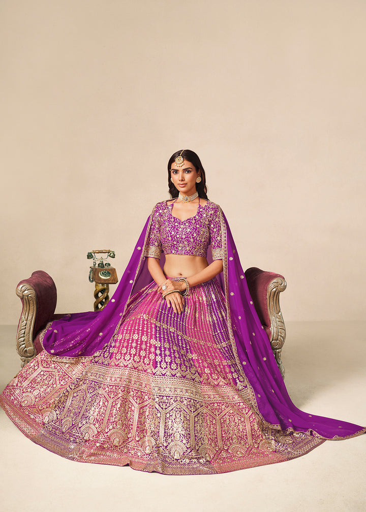 Buy Now Purple &amp; Pink Faux Georgette Wedding Festive Lehenga Choli Online in US, UK, Canada, France, Italy, Germany, Sweden, Denmark, UAE &amp; Worldwide at Empress