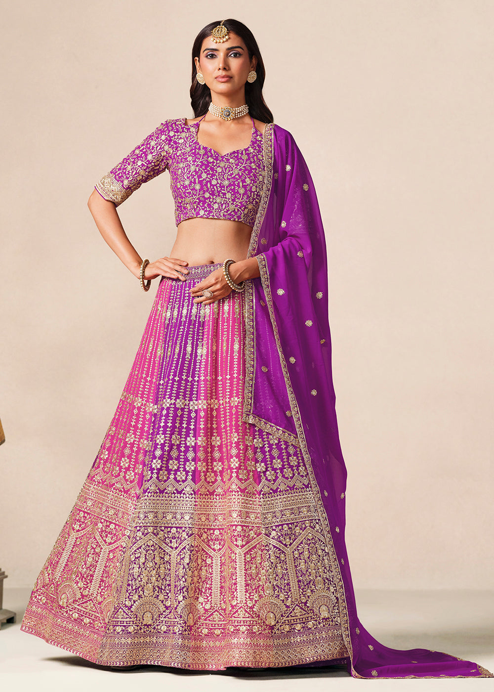 Buy Now Purple &amp; Pink Faux Georgette Wedding Festive Lehenga Choli Online in US, UK, Canada, France, Italy, Germany, Sweden, Denmark, UAE &amp; Worldwide at Empress