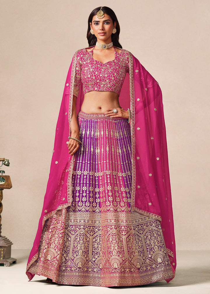 Buy Now Pink &amp; Purple Faux Georgette Wedding Festive Lehenga Choli Online in US, UK, Canada, France, Italy, Germany, Sweden, Denmark, UAE &amp; Worldwide at Empress