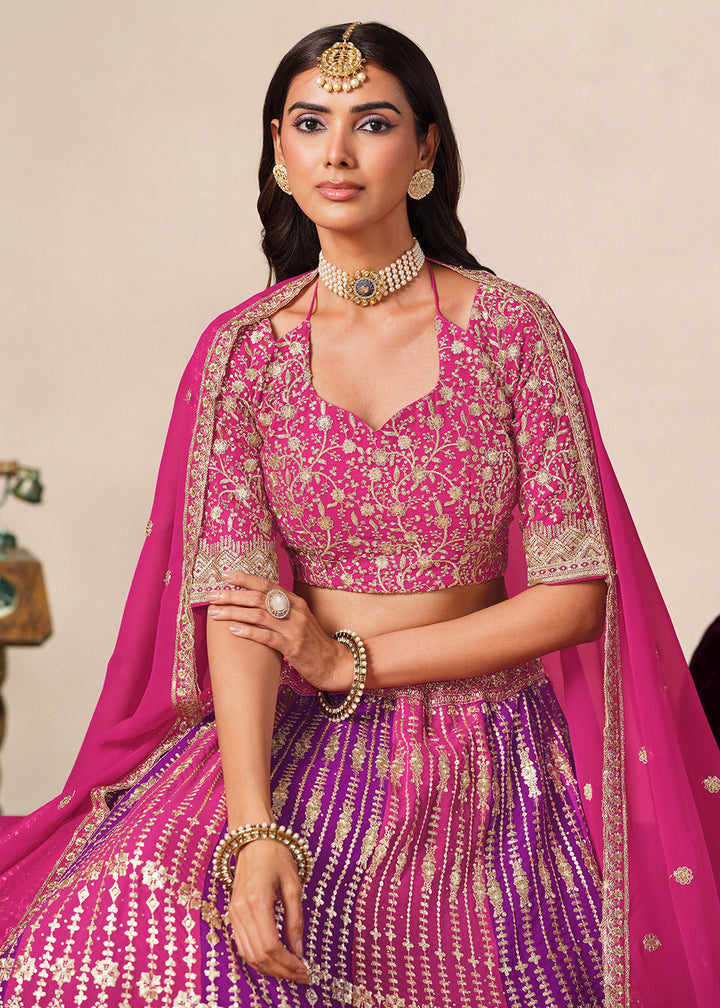 Buy Now Pink &amp; Purple Faux Georgette Wedding Festive Lehenga Choli Online in US, UK, Canada, France, Italy, Germany, Sweden, Denmark, UAE &amp; Worldwide at Empress