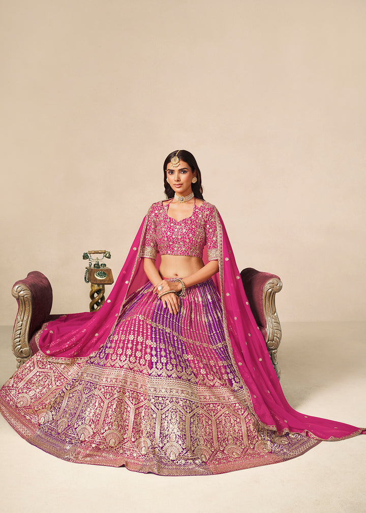 Buy Now Pink &amp; Purple Faux Georgette Wedding Festive Lehenga Choli Online in US, UK, Canada, France, Italy, Germany, Sweden, Denmark, UAE &amp; Worldwide at Empress
