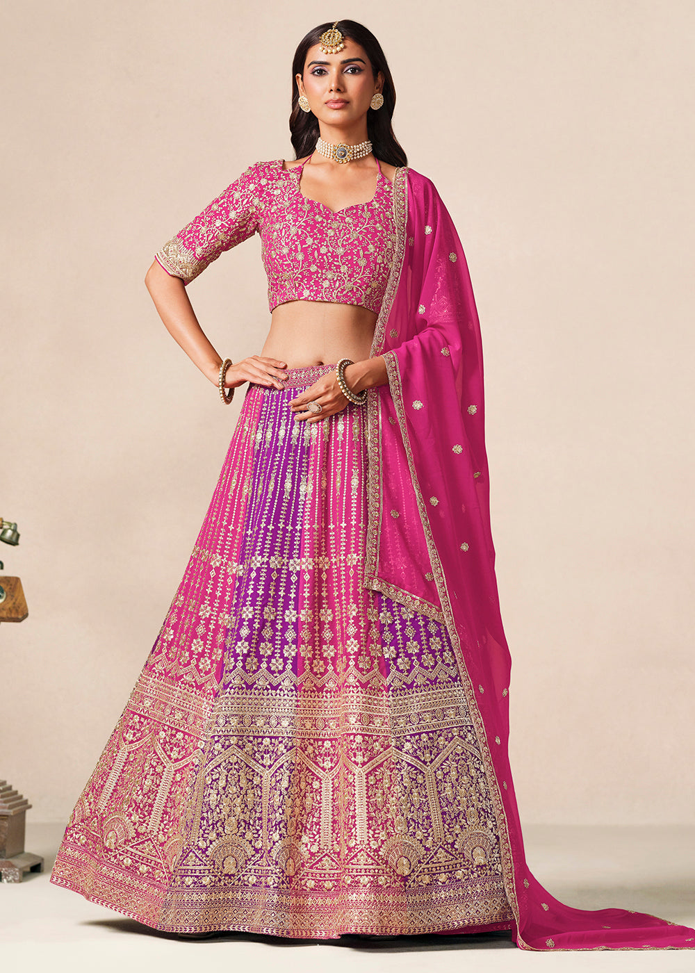 Buy Now Pink &amp; Purple Faux Georgette Wedding Festive Lehenga Choli Online in US, UK, Canada, France, Italy, Germany, Sweden, Denmark, UAE &amp; Worldwide at Empress