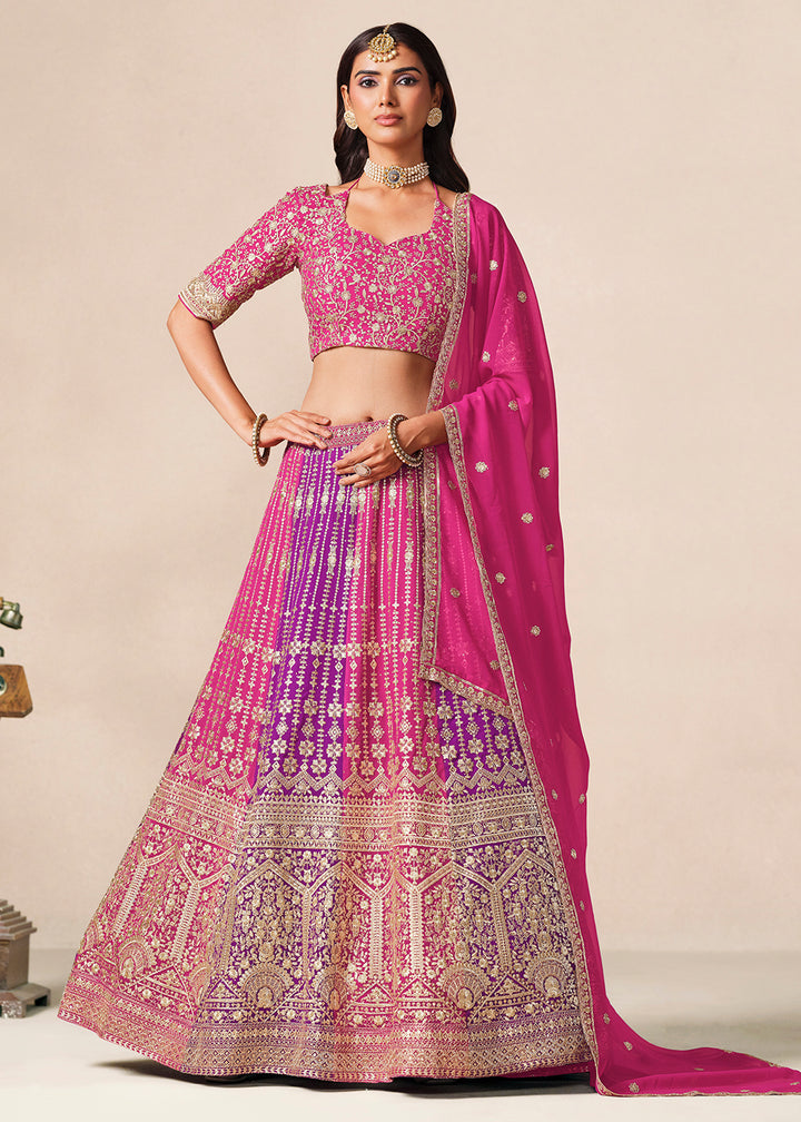 Buy Now Pink &amp; Purple Faux Georgette Wedding Festive Lehenga Choli Online in US, UK, Canada, France, Italy, Germany, Sweden, Denmark, UAE &amp; Worldwide at Empress