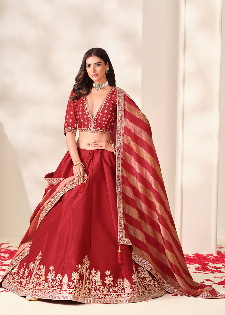 Shop Now Red Art Silk Embroidered Festive Wear Lehenga Choli Online in USA, UK, Canada, France, Germany, Spain, Austria, Sweden, UAE &amp; Worldwide at Empress.