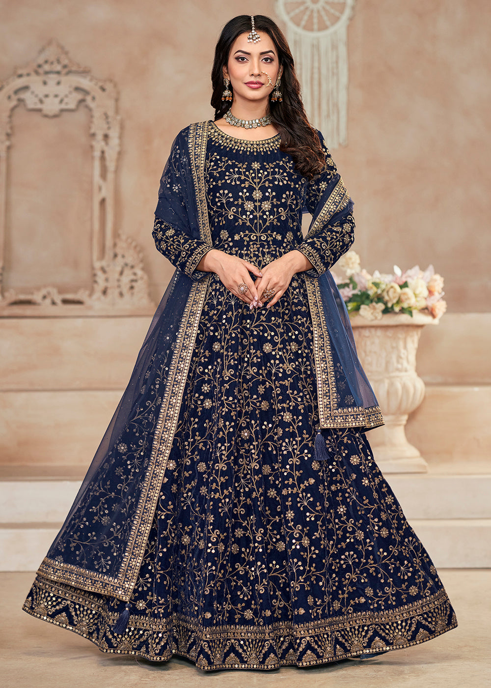 Buy Now Heavy Embroidered Blue Velvet Wedding Anarkali Suit Online in USA, UK, Australia, Italy, Germany, Canada, UAE, France & Worldwide at Empress Clothing.