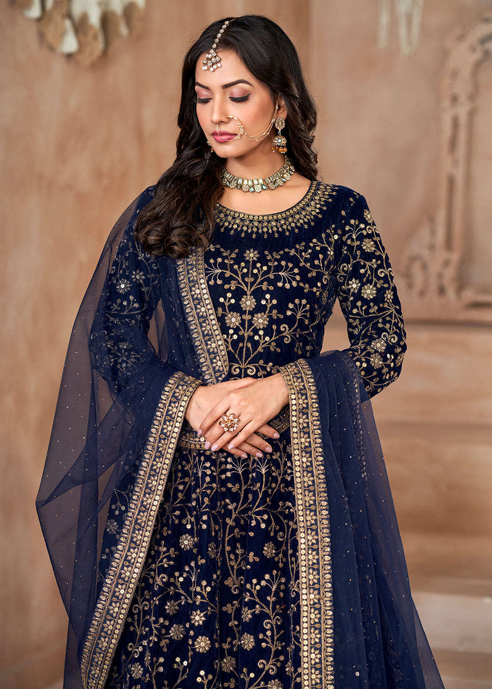 Buy Now Heavy Embroidered Blue Velvet Wedding Anarkali Suit Online in USA, UK, Australia, Italy, Germany, Canada, UAE, France & Worldwide at Empress Clothing.