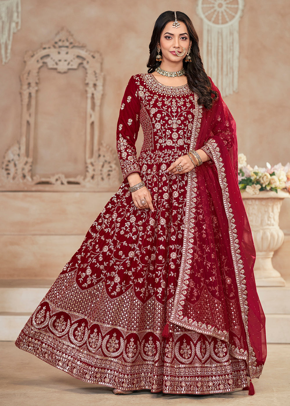 Buy Now Heavy Embroidered Maroon Velvet Wedding Anarkali Suit Online in USA, UK, Australia, Italy, Germany, Canada, UAE, France & Worldwide at Empress Clothing.