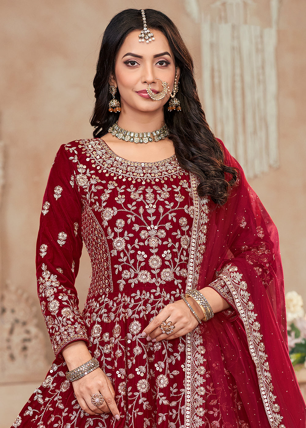 Buy Now Heavy Embroidered Maroon Velvet Wedding Anarkali Suit Online in USA, UK, Australia, Italy, Germany, Canada, UAE, France & Worldwide at Empress Clothing.