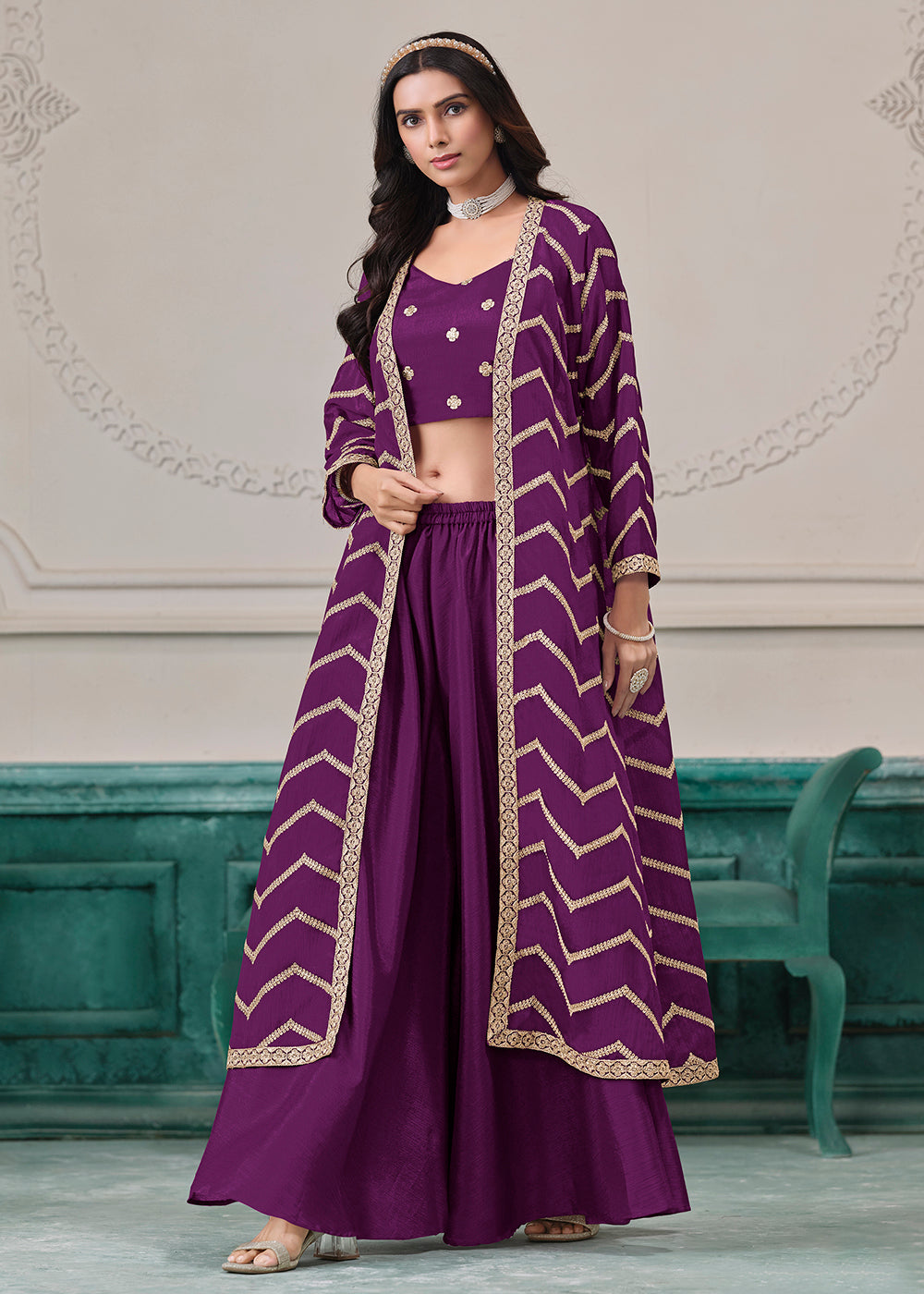 sharara dress purple colour Purple Heavy Georgette Embroidered Work Sharara Suit