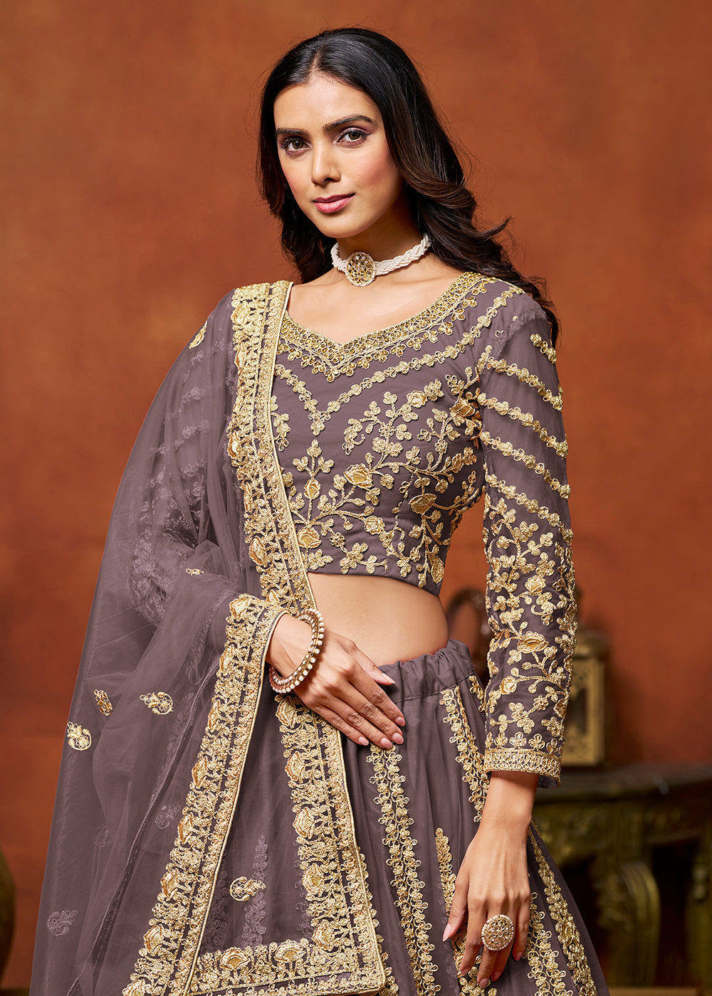 Buy Now Dusty Purple Net Embroidered Festive Lehenga Choli Online in USA, UK, Canada, UAE & Worldwide at Empress Clothing.